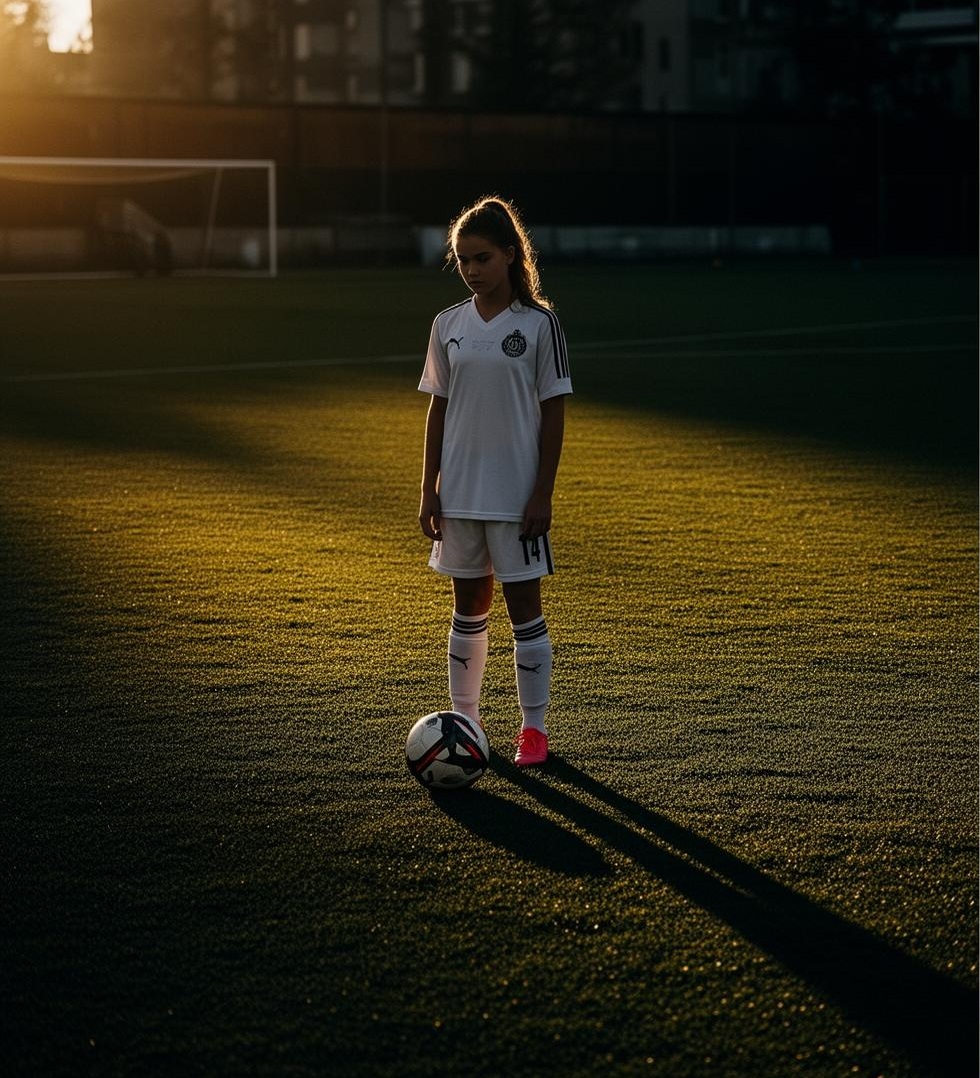 A young soccer player on a sunlit field at golden hour